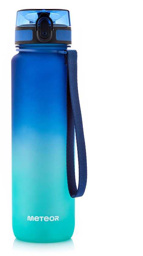 Gourde de sport bleue et turquoise avec une sangle de transport pratique et le logo METEOR.