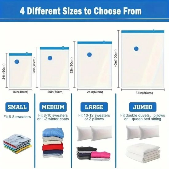 Vacuümzakken voor kleding   12 stuks (3 jumbo/3 groot/3 middel/3 klein)   dekbedden