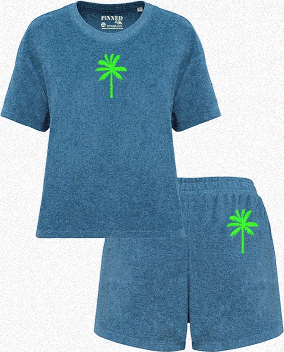 Set | Badstof | 100% BIO Katoen | Blauw | Neon Green | Velvet | Palmboom | Palmtree | Pinned by K | Maat S | Oversized | S/M