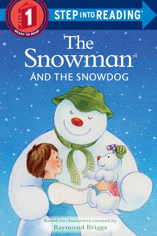 Couverture de livre : Un garçon tient un petit chien des neiges devant un grand bonhomme de neige. Titre : The Snowman and the Snowdog.