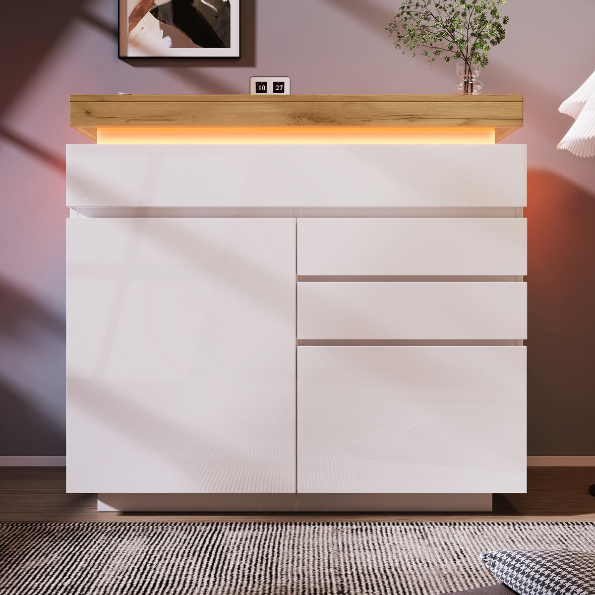 Pugsdrly Commode, hoogglans dressoir met 2 deuren en 3 lades, led-verlichting (app-bediening), multifunctionele kast voor woonkamer en slaapkamer, 115 x 110 x 39 cm, wit