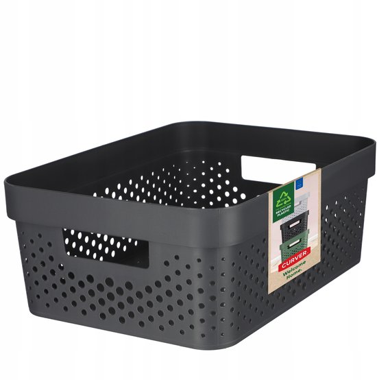 Antracietkleurige opbergmand van gerecycled plastic met perforaties, met label.