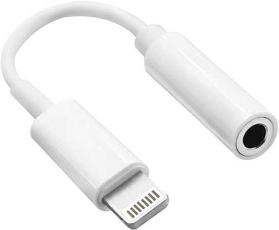 Wit koppelstukje met een Lightning-stekker aan de ene kant en een 3,5mm vrouwelijke jack-aansluiting aan de andere kant.