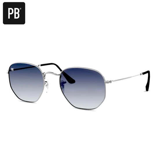 PB Sunglasses - Hex Silver Blue - Zonnebril heren en dames - Gepolariseerde lenzen - Metalen zilveren frame - Hexagon stijl - Blauwe lenzen