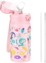 Ibenzoa® Roestvrijstalen Kinderdrinkfles met Rietje en Lekvrij Deksel, 420 ml, BPA-vrij