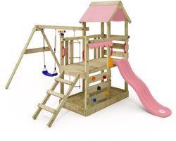 WICKEY speeltoestel klimtoestel TurboFlyer met schommel en pastelroze glijbaan, outdoor klimtoren voor kinderen met zandbak, ladder en speelaccessoires voor de tuin