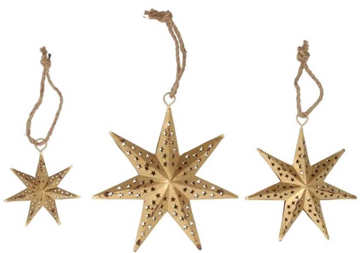 HBX natural living kersthanger ster goud 3-delig metaal kerstdecoratie.