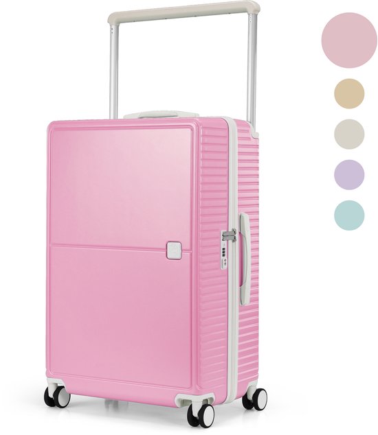 Een roze koffer met witte accenten en een TSA-slot. Vier gekleurde cirkels rechtsboven: roze, beige, crème, paars, turquoise.