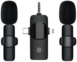 3-in-1 Draadloze Dasspeldmicrofoon Set - Dual Lavalier Mics met 3.5mm Jack AUX + USB-C + 8-Pin - dubbele microfoon - Noise Cancelling - geschikt voor iPhone, Android en Camera - zwart