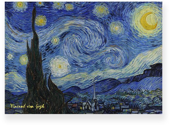 Poster 40x30 cm - Sterrennacht - Vincent van Gogh - Blauw - Geel - Klassiek - Postimpressionisme - Wanddecoratie