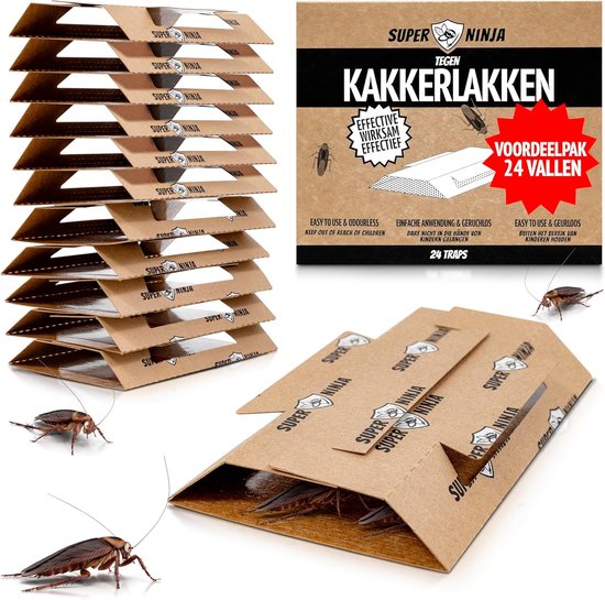 Stapel van bruine kokervallen opgestapeld, met kakkerlakken. Titel "SUPER NINJA TEGEN KAKKERLAKKEN". Voordeelpak 24 vallen.