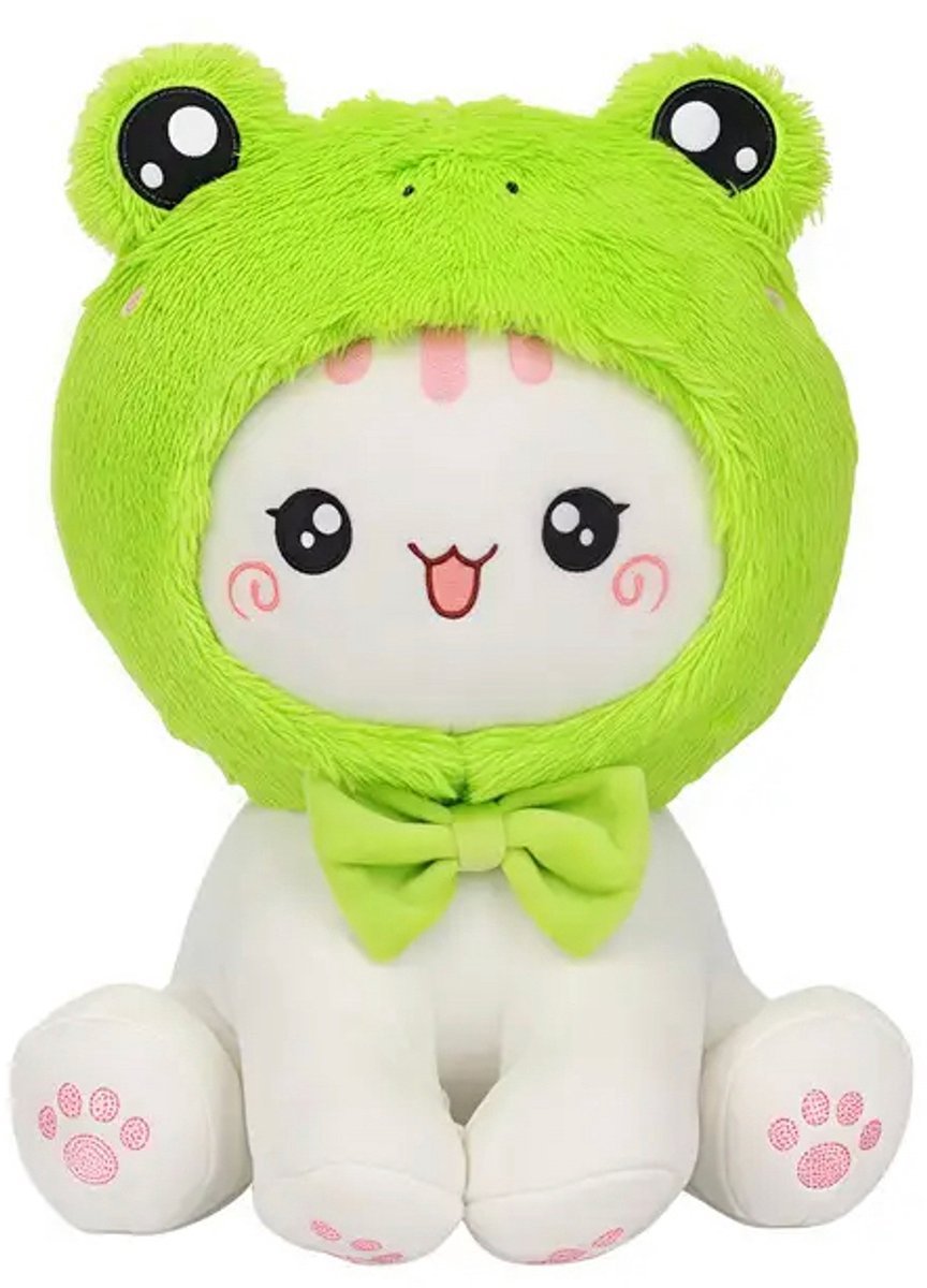 Creasowl® – Katten Knuffel met Kikker Mutsje – Kawaii Knuffel Kat 25 cm – Zachte Pluche Kattenknuffel – Schattige Knuffel – Cadeau Meisje of Kind