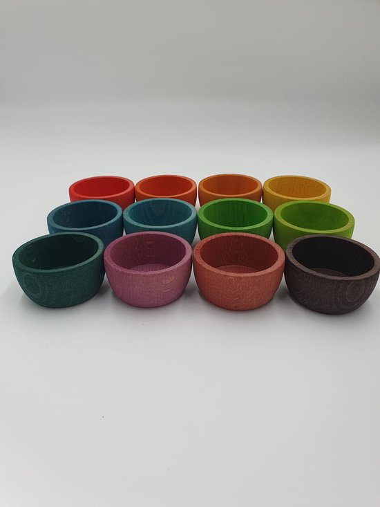 Houten bakjes - Regenboogkleuren - 12 stuks - Open einde speelgoed - Sensory play - Educatief montessori speelgoed — afbeelding 2