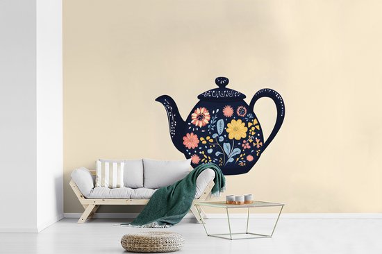 Behang - Fotobehang Theepot - Kleurrijk - Bloemen - Breedte 600 cm x hoogte 400 cm