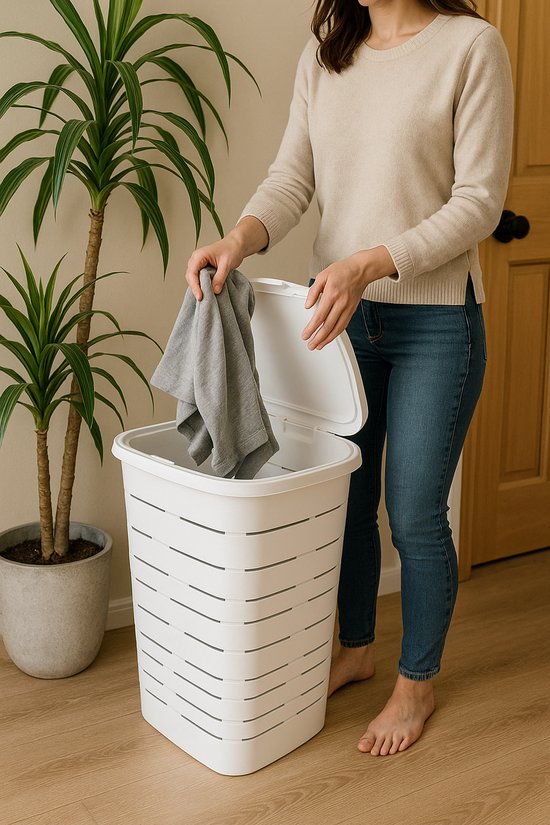 Rotho wasmand kunststof 55 liter cappuccino met deksel - Country bij Planet Happy