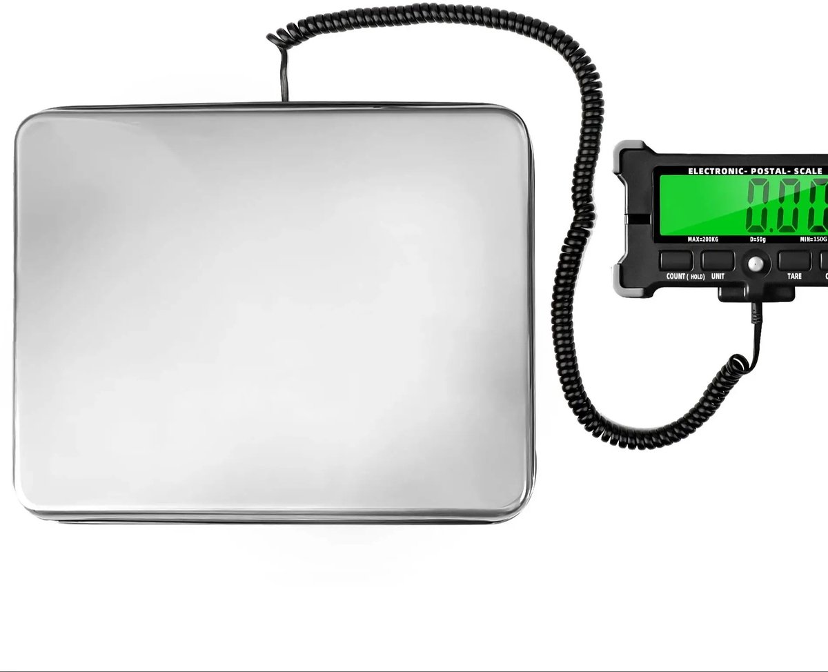 Postweegschaal - Digitale Pakketweegschaal - 200 kg - Precisie tot 0,05 kg - Verzendweegschaal - LCD-scherm met Achtergrondverlichting - Roestvrijstaal - Telfunctie - Tare - KG/LB/OZ - USB of Batterijvoeding - Voor Magazijn & Thuis