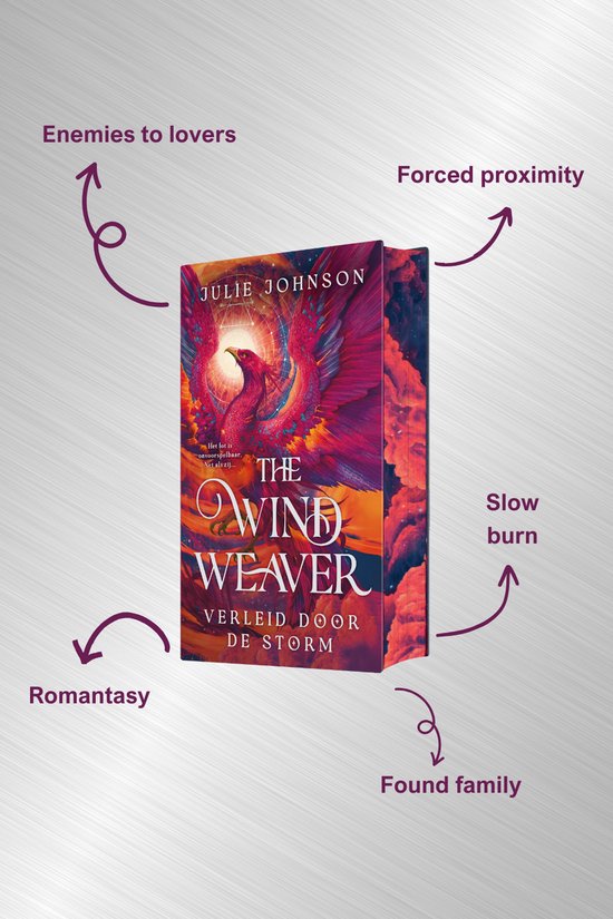Boekomslag 'The Wind Weaver': Gevleugelde feniks met rode, paarse en oranje veren. Omliggende tekstuele elementen met genres: 'Romantasy', 'Enemies to lovers', 'Forced proximity', 'Slow burn', 'Found family'.