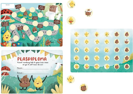 Beloningssysteem voor zindelijkheidstraining van jongens en meisjes - met beloningskaart, plaskaart, plasstickers en plasdiploma