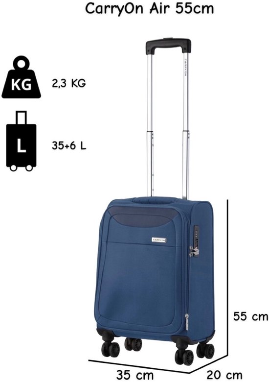 CarryOn Air Handbagage Reiskoffer 55x35x20cm - Zachte Trolley Koffer 41 Liter - Voorvak - Expander - TSA-slot - Blauw
