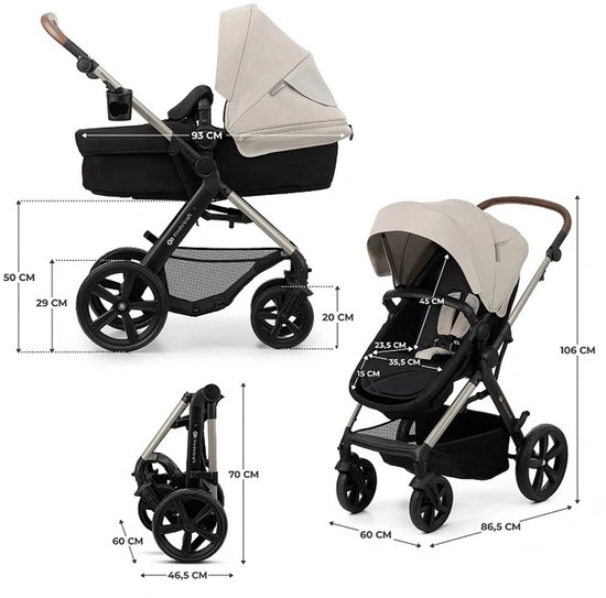 Grijze kinderwagen met beige reiswieg en afmetingen.