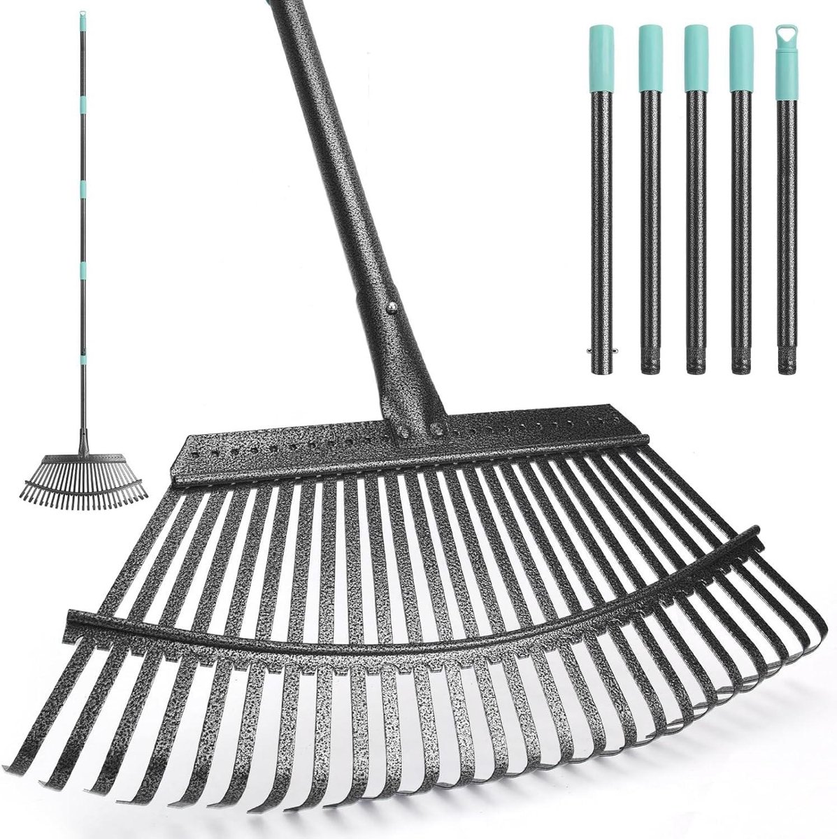 48cm Wide Heavy Duty Leaf Rake with 25 Metal Teeth and 6FT Adjustable Handle for Garden Lawn Shrub Leaves