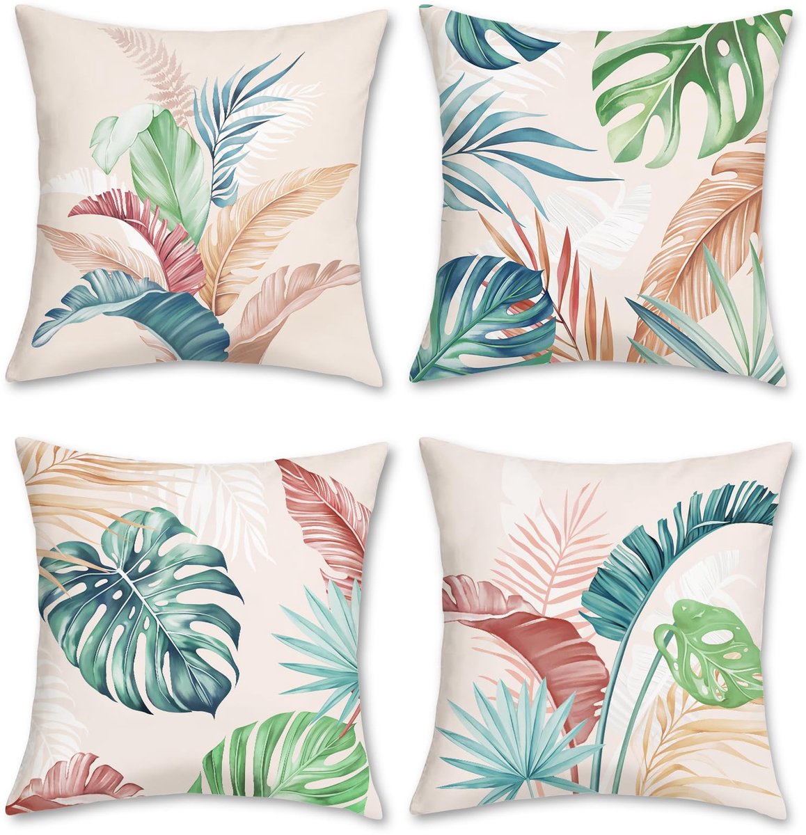 Ibenzoa® Set van 4 decoratieve kussenslopen met tropische bladeren voor woonkamer en slaapkamer, 45 x 45 cm