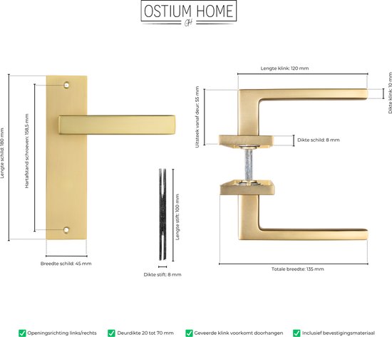 Technische tekening met mat gouden deurklink op kort schild, met afmetingen en installatiegegevens.