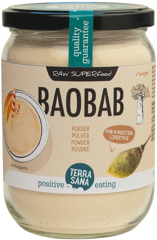 Glazen pot met Terra Sana Baobab poeder, met afbeelding van een glas met drankje en een baobabvrucht.