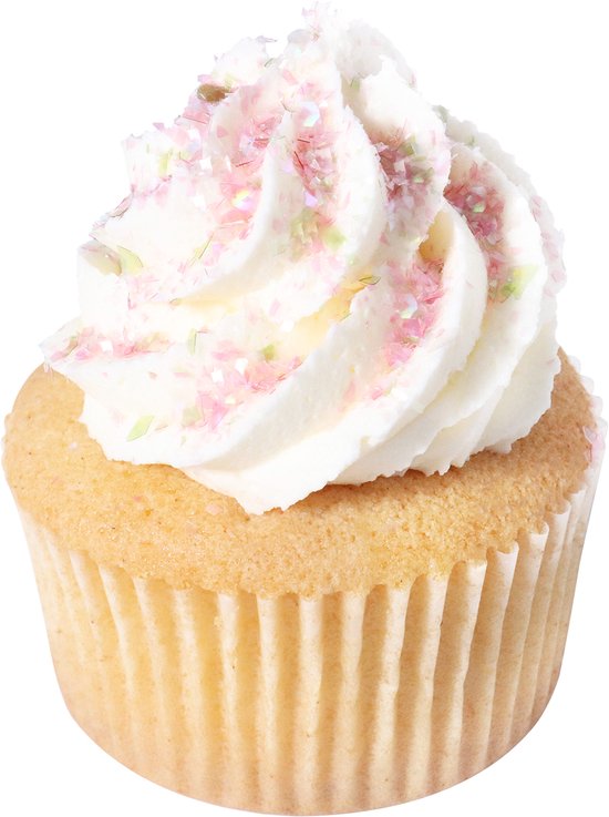 Vanille cupcake met witte slagroom en roze en groene glitters.