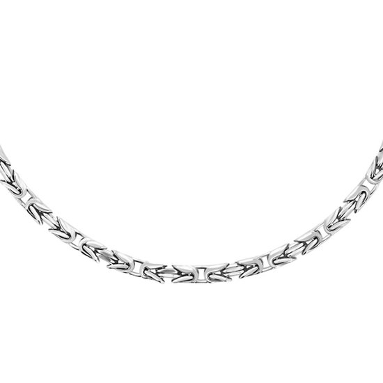 Zilverkleurige vierkante koningsschakel ketting met complexe schakels.