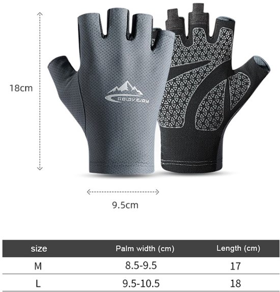 Grijze en zwarte vingerloze handschoenen, met maatindicatie en afmetingen.