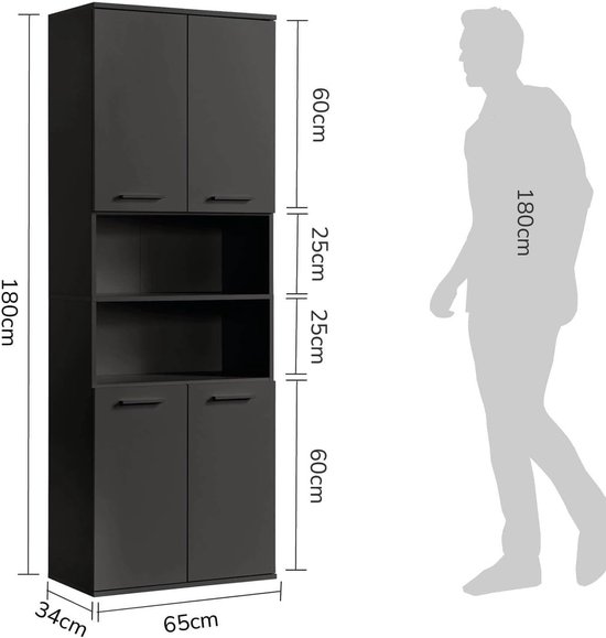 Antraciet zwarte badkamerkast van 180 cm hoog, 65 cm breed en 34 cm diep, naast een staande man van 180 cm.