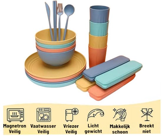 Dutchers® 36-Delig Kunstof Serviesset - Campingbestek set - BPA Vrij - Camping Borden - Bordenset - Dinerborden binnen en buiten - Vaatwasser-, Magnetron- & Vriezerbestendig - Kampeerset - Keukenset - Picknickset - Picknick - Onbreekbaar — afbeelding 3
