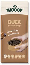 WOOOF DUCK voor gevoelige honden, met een schaal vol brokjes, aangeboden door handen.