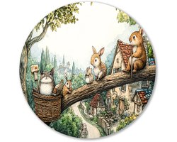 Schattige dieren in een dorp - Dieren muurcirkels - Wandobject rond bosdieren - Aquarel - Forex muurcirkel - Wanddecoratie kunst - muurcirkel forex 90x90 cm