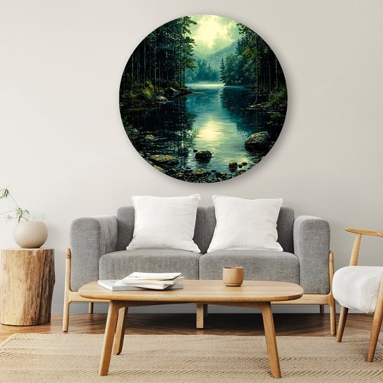 Spiegelend meer in boslandschap - Natuur muurcirkels - Rond wandpaneel meer - Realisme kunststroming - Wandobject Forex rond - Slaapkamer wandkunst - muurcirkel forex 80x80 cm
