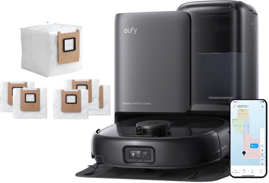 eufy Robotstofzuiger Omni E25 met 6 stofzakken, HydroJet dweilsysteem, 20.000 Pa zuigkracht, DuoSpiral borstels die ontklitten, CornerRover arm voor het schoonmaken van hoeken, alles-in-één station