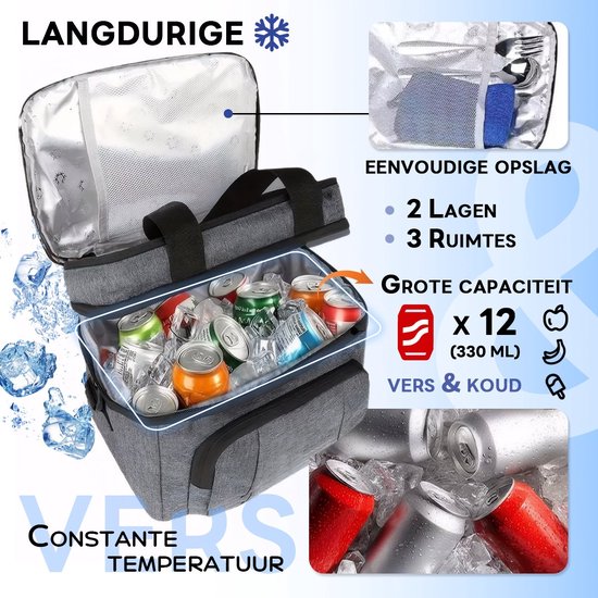 Grote Geïsoleerde Lunchtas (12L) - Koelt tot 12 Uur - Geschikt voor Werk & School - Waterdicht Binnenmateriaal - Grijs van Merkloos — afbeelding 5