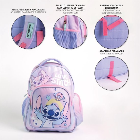 Rugzak met Stitch en Angel, roze met paarse en gele gradiënt. Details: verstelbare, gewatteerde hengsels, gaaszakje voor drinkfles, ergonomische rug.