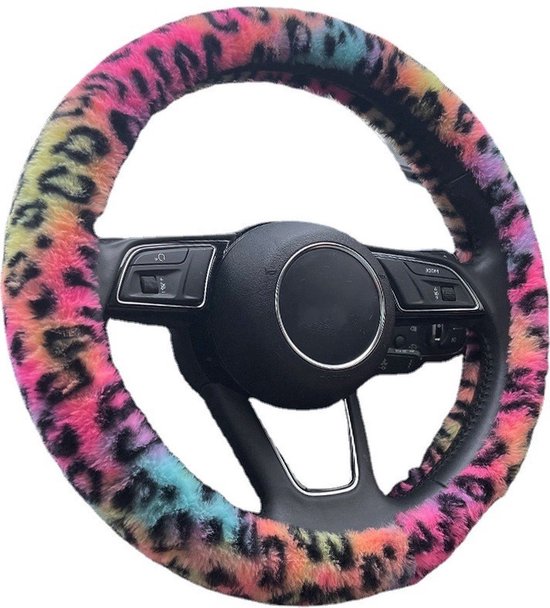 Housse de volant de voiture 37-39 cm - Peluche léopard coloré - Kasey Products