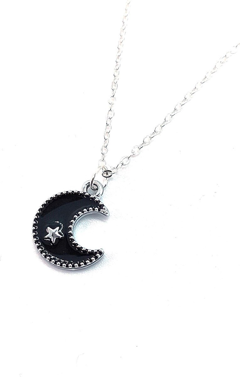 Ketting Meisje- Zilveren Ketting met Maantje- Meisjesketting maan- Zwart- Maan- Moon- Kind- LiLaLove
