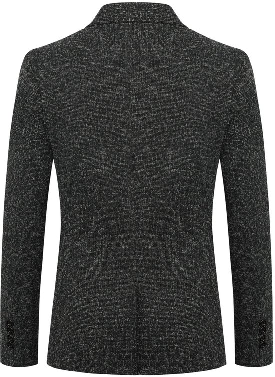 Donkergrijs jewelsteek blazer, sluiting met één knoop, omgeslagen kraag, revers met inkeping.