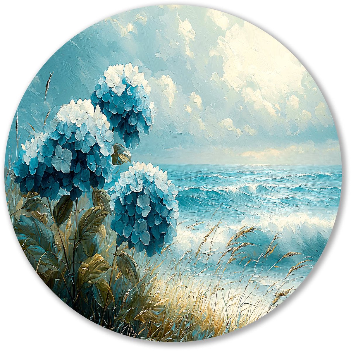 Blauwe bloemen en zeezicht - Hydrangea muurdecoratie rond - Wandschalen bloemen - Impressi