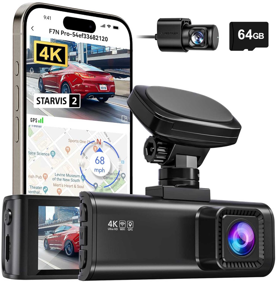 RedTiger F7N Pro 64gb dashcam voor auto - 4K + Full HD met Sony Starvis 2 - Inclusief 64gb - Voor en achter camera met zelfklevende houder - Wifi - Gps - 3,18 inch Lcd - Nachtzicht - Parkeerbewaking - G-sensor - Loop recording