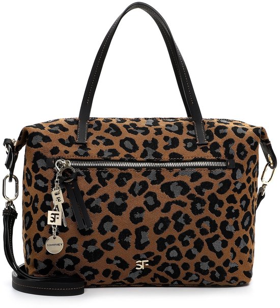 Bruine shopper met luipaardprint, zwarte handvatten en een afneembare schouderband. Met ritsvakken en hangertjes.