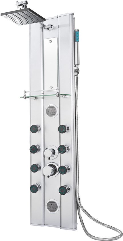 Zilverkleurig douchepaneel met regendouche, handdouche, diverse knoppen en 10 massagejets. Op een witte achtergrond.