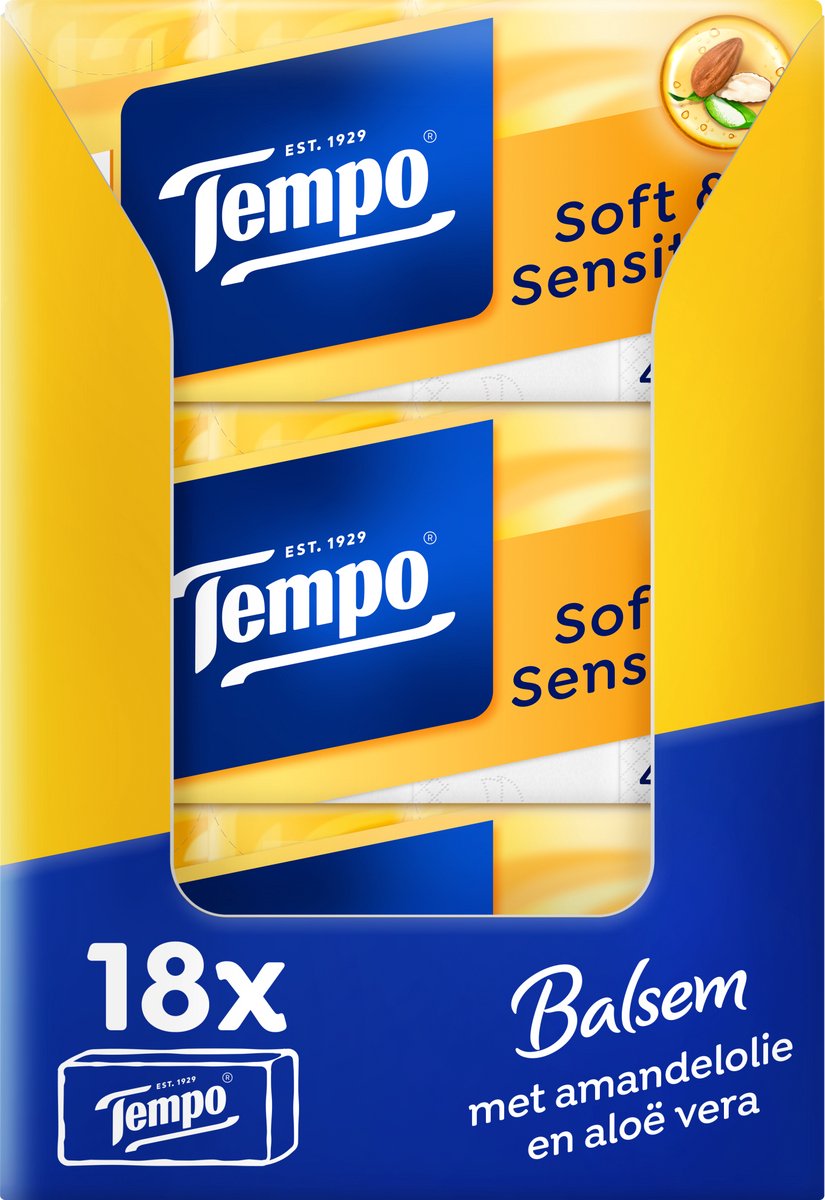 Goedkoopste Tempo Soft & Sensitive - 4-laags zakdoekjes - 18 x 8 pakjes = 144 pakjes