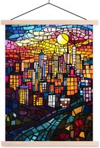 Posterhanger incl. Poster 87x120 cm - Schoolplaat - Stad - Maan - Mozaïek - Kleurrijk - Textielposter - Blanke latten