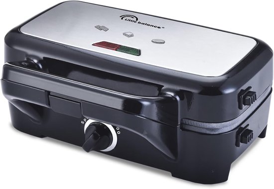 Zwart Little Balance wafelijzer/grill met zilverkleurig deksel. De indicatielampjes zijn rood en groen.
