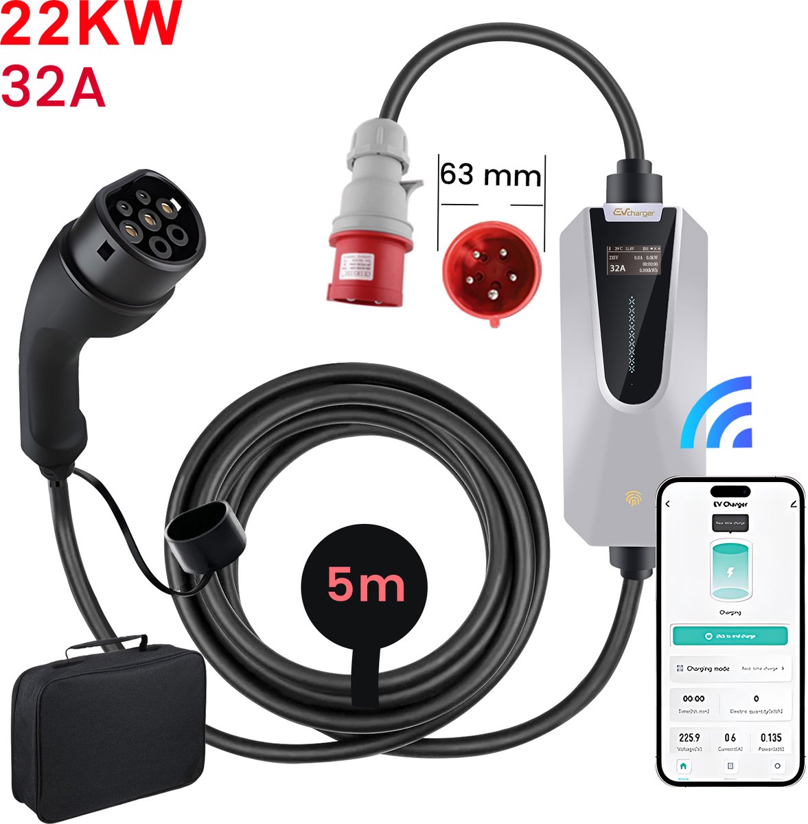 JUNSUN Draagbare 3-Fase EV Laadkabel - Slimme WiFi Bediening
